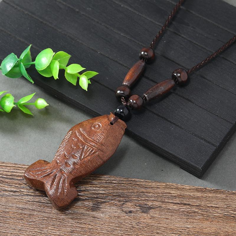 Hand-carved Mahogany Necklace Retro Femininity Long Autumn and Winter Sweater Chain Cotton and Linen Accessories