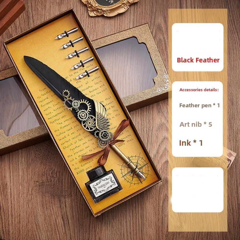 Replaceable 5 Nib Metal Signature Pen Retro Punk Feather Pen  Writing Accessories