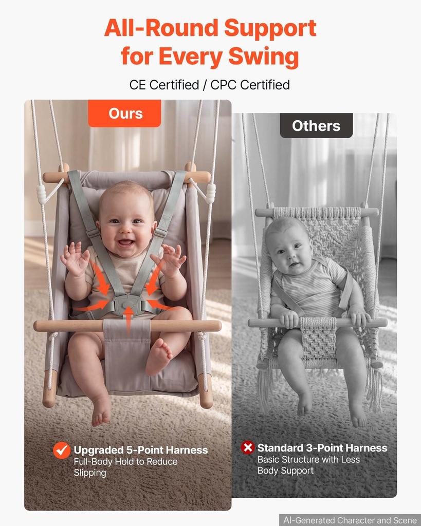Baby Swing 30 kg Weight Capacity 3 Modes Canvas Hammock Swing Gray, for Indoor and Outdoor, 5-Point Harness and Tree Straps, Wooden Hanging Seat with