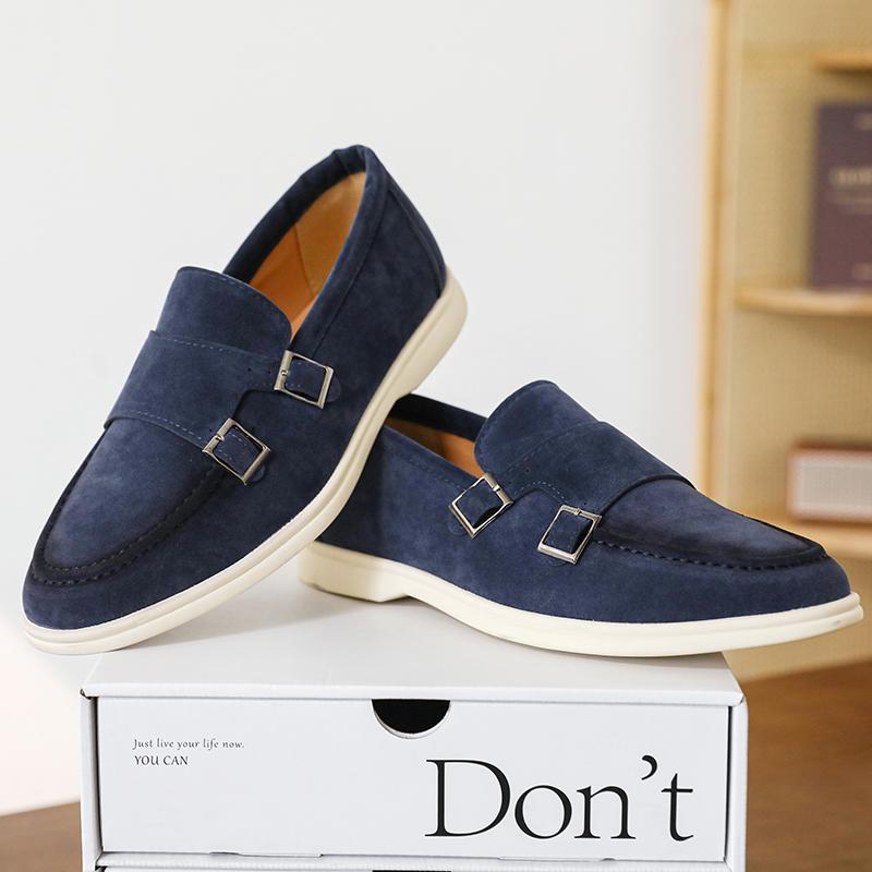 Fashion Autumn Winter New Flat Heel Lightweight Bean Shoes Simple Buckle Non-slip Men's Round Head Leisure Business Large Loafer Shoes