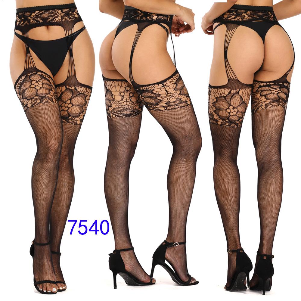 Women's Sexy Crotchless Fishnet Suspender Stockings with Eye Jacquard Design - Style 7501