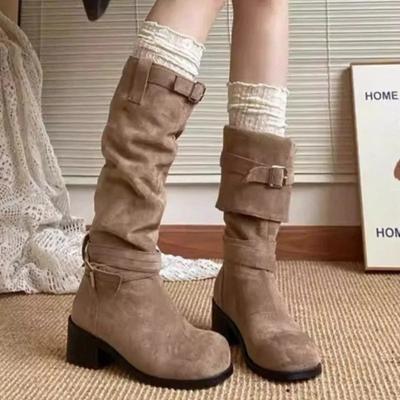 Women's 2024 Fashion Slip-on Mid-calf Boots Solid Color Classic Winter Folded Pleated Design Thick Heel Motorcycle Boots Zapatos