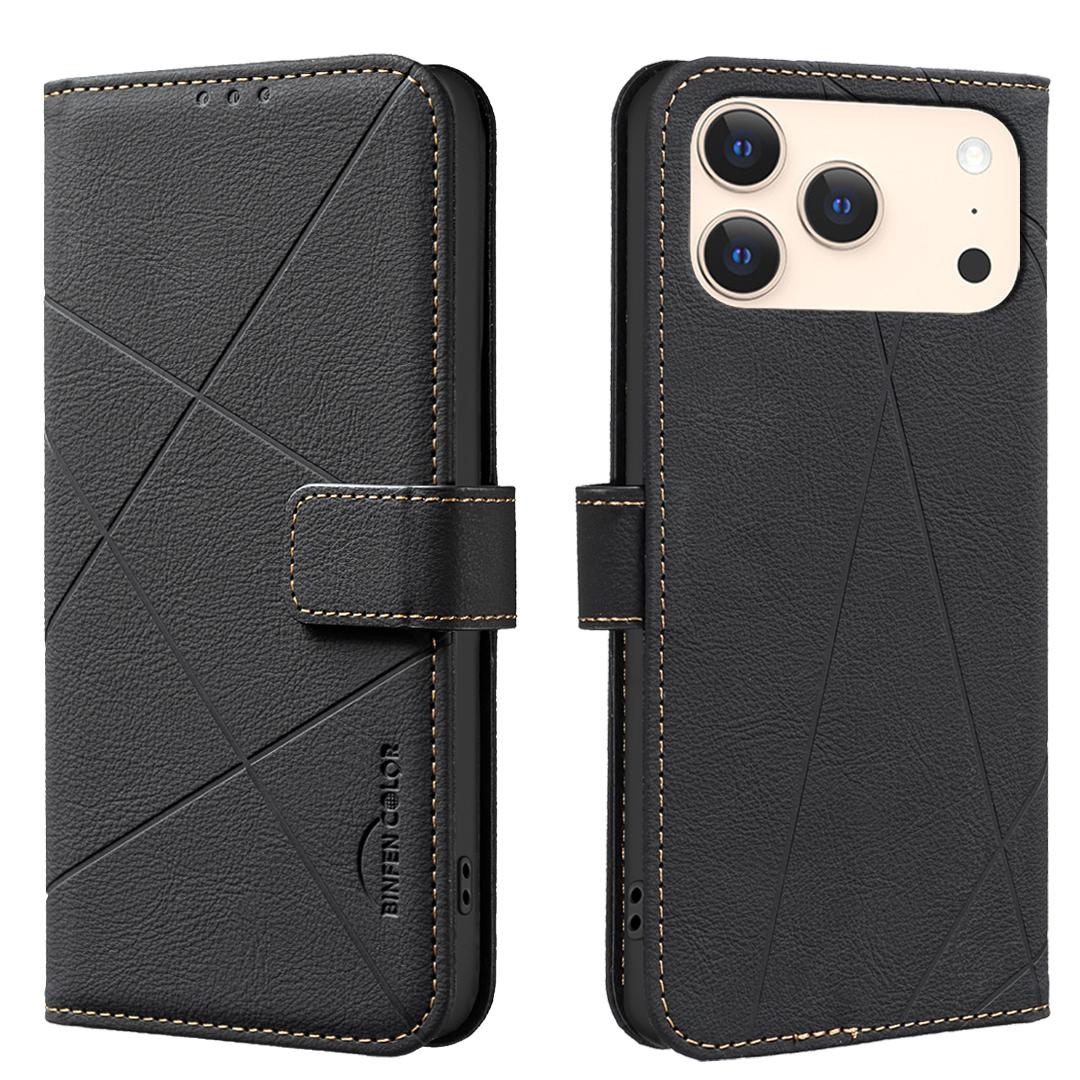 

For iPhone 17 Pro Max Case BINFEN COLOR BF35 Geometry Imprinted Leather Phone Cover RFID Blocking Wallet Stand Black