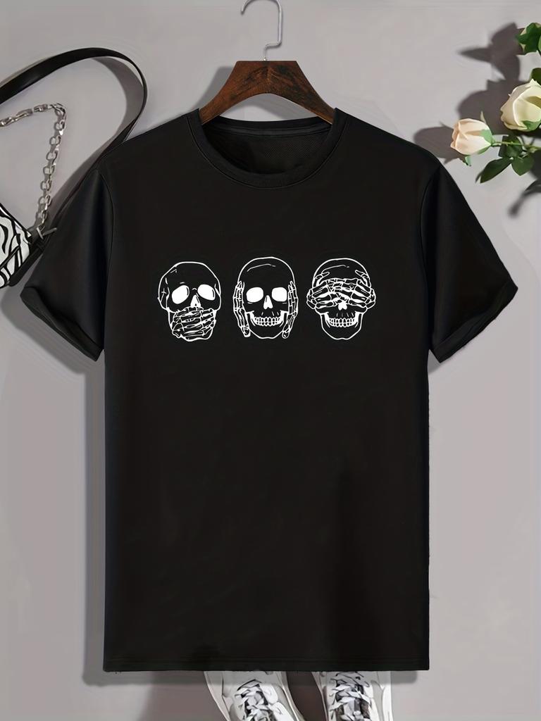 Summer Men'S Skull Print Round Neck Short Sleeve T-Shirt, Gothic Casual Fashion Pattern Tee, Plus Size