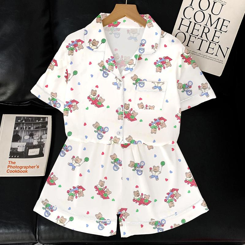 Summer Cartoon Cute Cold Silk Cool Short-Sleeved Suit Printed Pajamas Women'S Happy Bear Loungewear