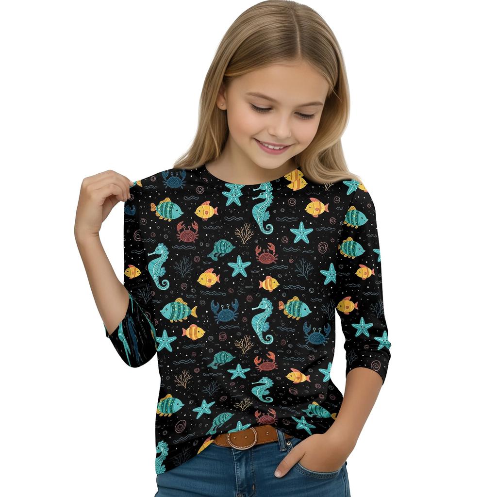 Children's Three-Quarter Sleeve Round Neck Top with Animal Print for Casual Daily Wear