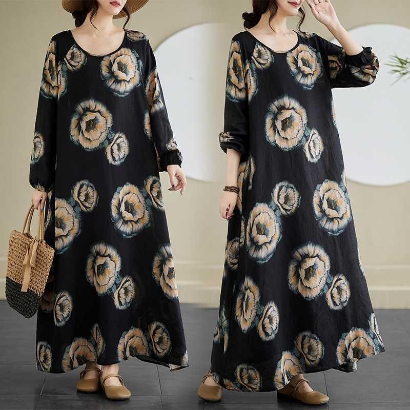 Vintage Long Sleeve Age Reducing Plus Size Casual Long Dresses
