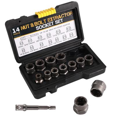 14 Pieces Impact Bolt & Nut Remover Set Cr-Mo Steel Bolt Extractor Tool Set with Solid Storage Case for Industrial Drop Shipping