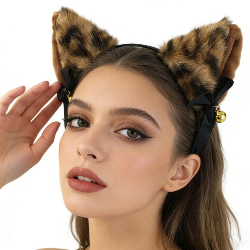Soft Furry Leopard Print Cats Ear Headband With Attached Bells For Cosplay Halloween And Dance Parties