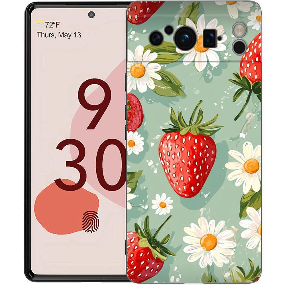 Luxury Phone Case For Google Pixel 10 9 8 9A 8A 7 7A 6 Pro XL 6A 5G Black Soft Back TPU Cover Summer Strawberry Flowers Print