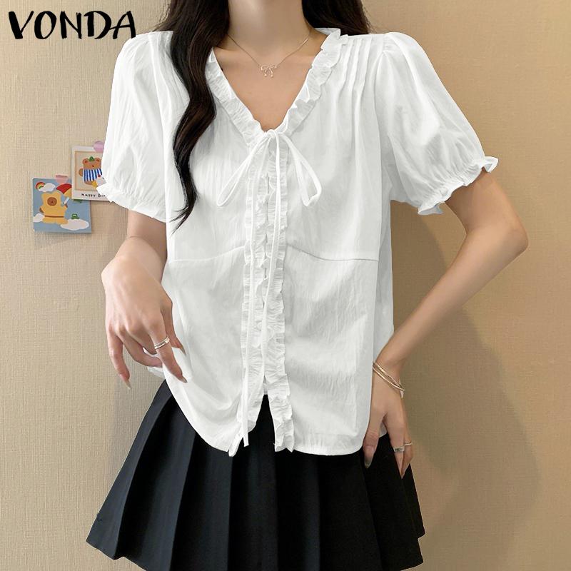 VONDA Women V Neck Puff Sleeve Buttons Up Ruffled Solid Casual Blouse