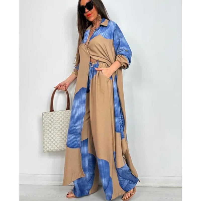 Set Elegante Primavera Estate Moda Stampata Camicia Lunga Pantaloni a Gamba Larga Completo Casual Lento Oversize Set Donna