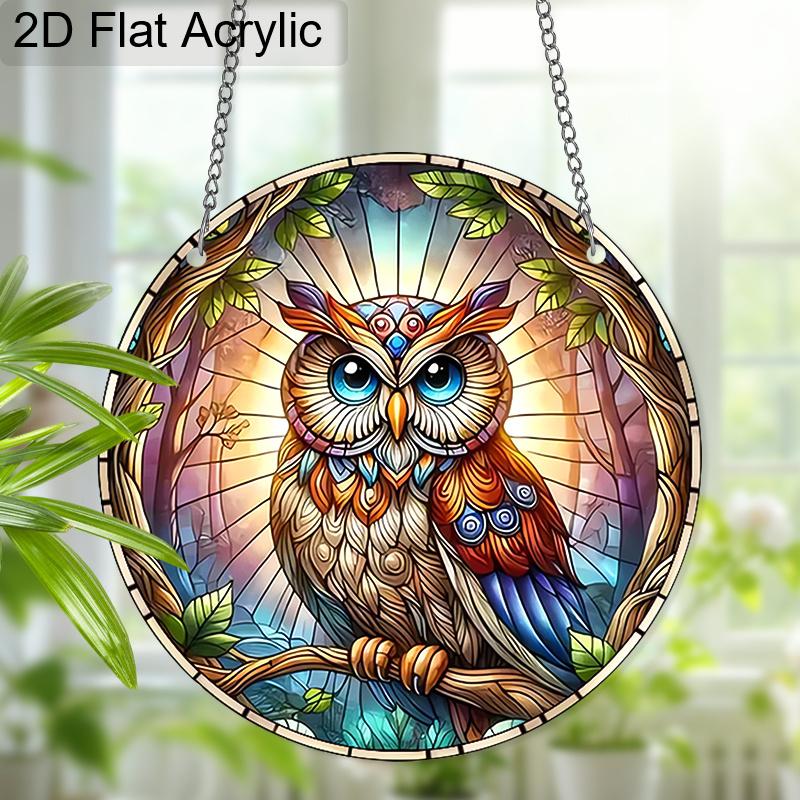 Acrylic Mystical Forest Owl Stained Glass Style Suncatcher, 2D Flat Acrylic Window Hanging Ornament for Fantasy & Nature Lover Gifts