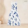 Women Plus Size Round Neck Sleeveless White Blue Floral Printed Dress Tie Waist A Line Flared Dress