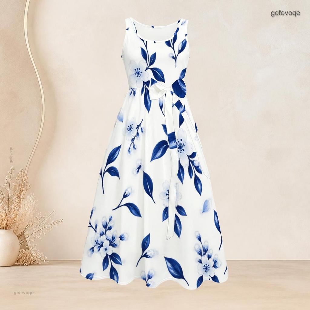 Women Plus Size Round Neck Sleeveless White Blue Floral Printed Dress Tie Waist A Line Flared Dress