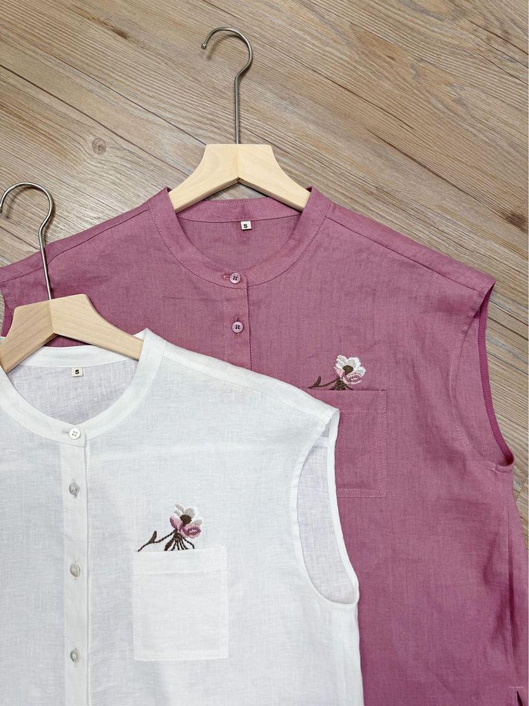 Literary Retro Women's Sleeveless Linen Embroidered Blouse - Summer Stand Collar Loose Fit, Slimming Plus Size.