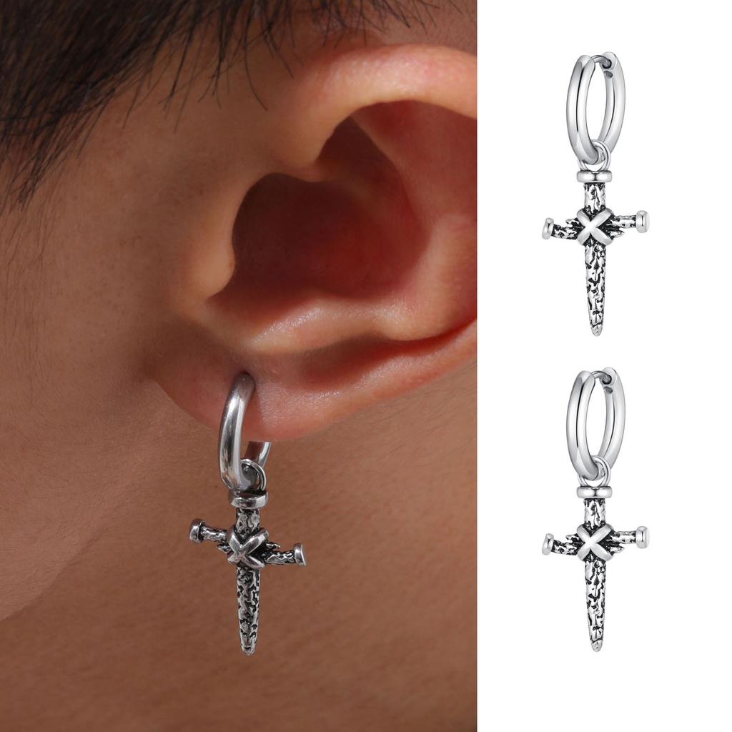 Nails Cross Hoop Earring for Men Boys,Waterproof Stainless Steel Huggies Earring,Gothic Rock Punk Jewelry Gifts