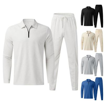 2 Teile/satz Männer Waffel Textur Einfarbig Lässige Sportswear Revers Zipper Halbe Knopfleiste Tops Elastische Taille Kordelzug Sport Hosen Set
