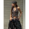 Outfitgirl Street American Style Sexy Retro Plaid Cardigan Button Halterneck Vest Crop-Top Short Top Female