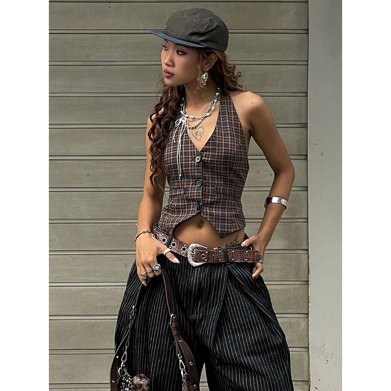 Outfitgirl Street American Style Sexy Retro Plaid Cardigan Button Halterneck Vest Crop-Top Short Top Female