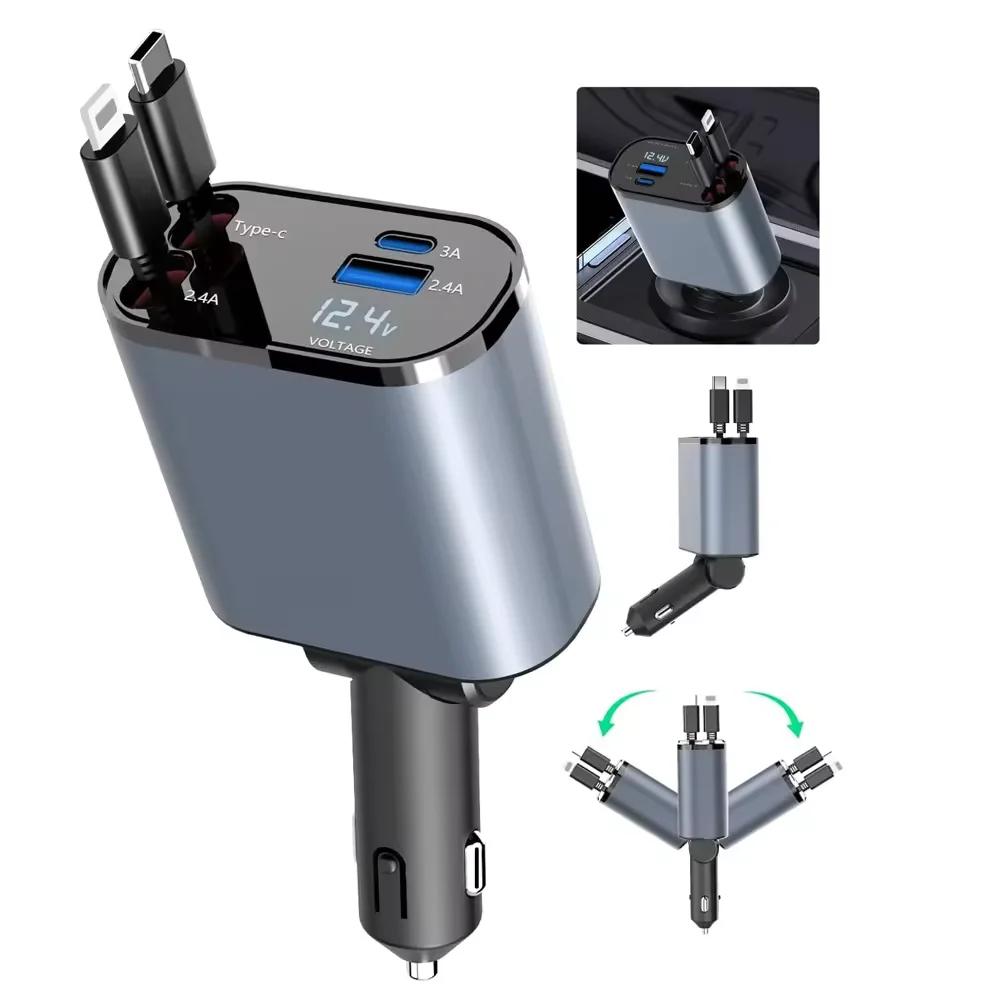 120W Car Charger Car Super Fast Charge Flash Charging, Telescopic Cable Four-in-one Point Smoker Car Charging