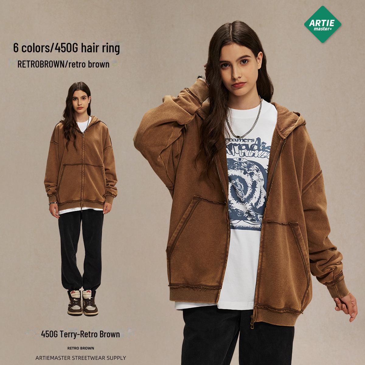 

2024 Autumn/Winter Men s Retro Hasuo Loose Fit Washed Sweatshirt with Double-Head Zipper (450g) L