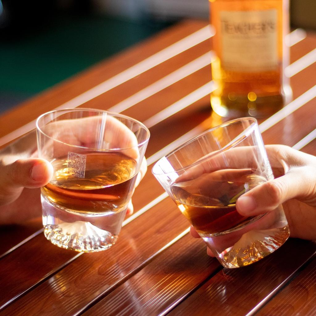 Tajima Glass Handcrafted Mount Fuji Rocks Glasses in Sakura Kiriko Blossom Cut Wrapped in a Sakura Furoshiki Perfect for Respect for the Aged or