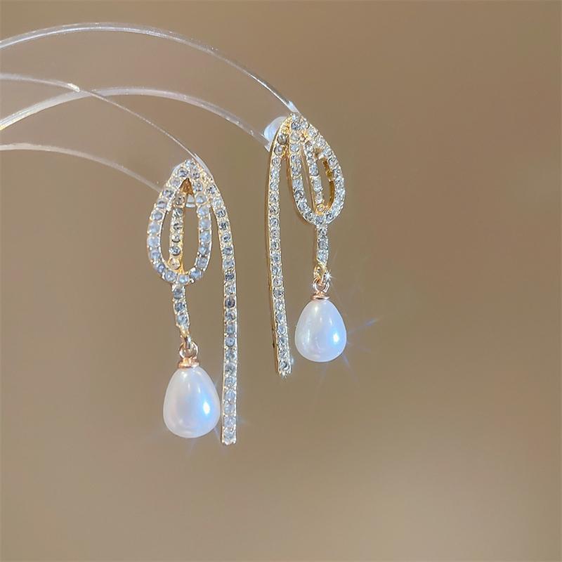 Inlaid Crystal Imitation Pearl Waterdrop Tassel Long Personality Geometry Dangle Earrings for Women Korean Fashion Jewelry
