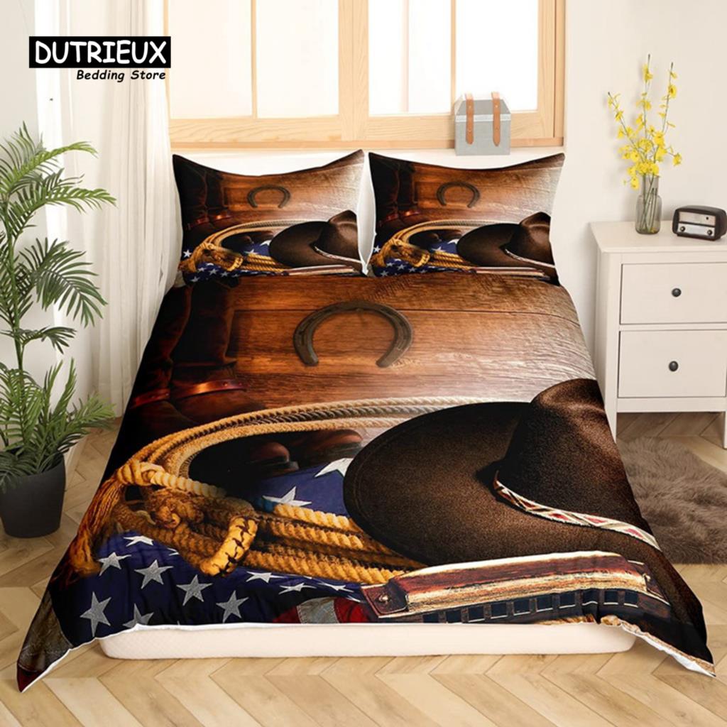

Horse Duvet Cover Vintage Rodeo Cowboy Riding Bull Wooden Old Sign Western Style Wilderness at Sunset Image Bedding Set For Boys (135x200cm)