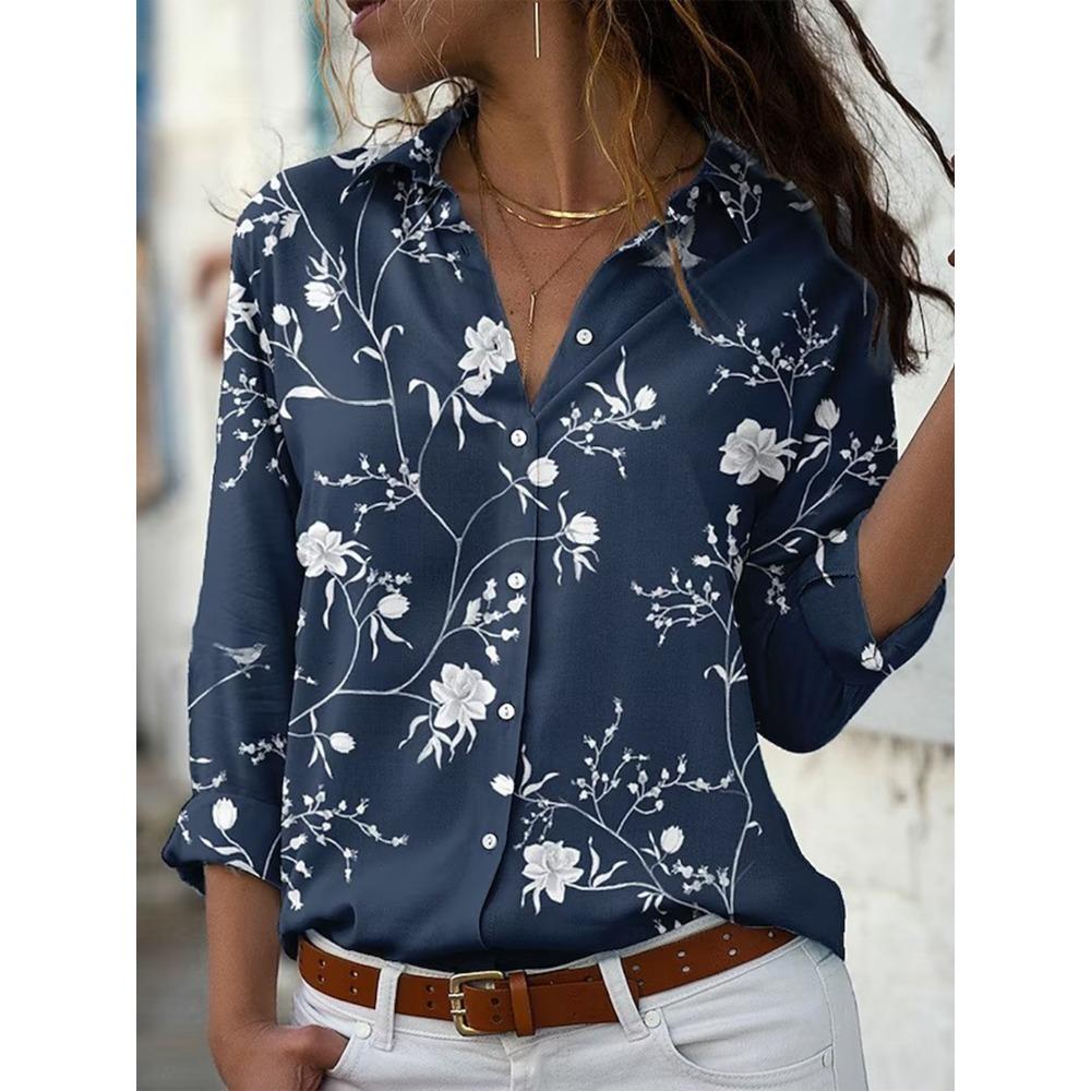 Fashion Women's Shirt & Blouses Elegant Flower Leaf Shirt Print High Quality Long Sleeve Large Size Female Clothing Blouse Tops