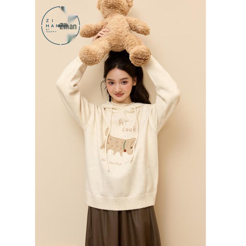ZIHAN Women s Puppy Embroidered Hooded Pullover Sweater S