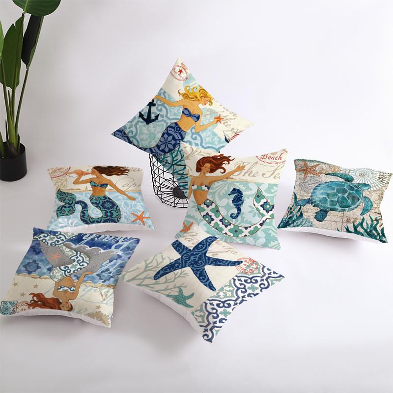 45x45cm Mediterranean Style Sea Animal Mermaid Digital Printed Peach Skin Pillowcase Home Sofa Cushion Cover