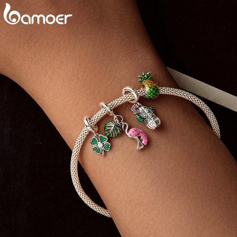 Bamoer 925 Sterling Sølv Firkløver Charms Perler med grønn emalje passform Europeiske armbånd DIY Mango/Kaktus/Flamingo