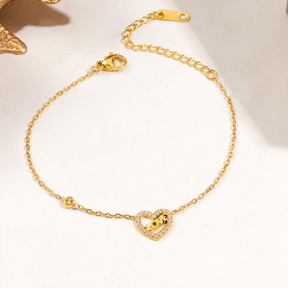 Stylish Heart-Shaped Zircon Inlaid Titanium Steel Bracelet - Non-Fading Couple Design for Women