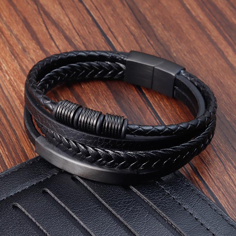 Luxury Classic Multi-layer Style Hand-woven Winding Stainless Steel Men's Leather Bracelet With Magnet Clasp For Men's Jewelry