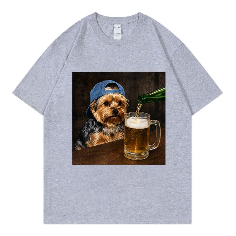 Yorkie Drinking Beer Funny Meme Graphic T Shirts Summer Casual  Short Sleeve T-shirtWomen Fashion O-Neck T-shirt