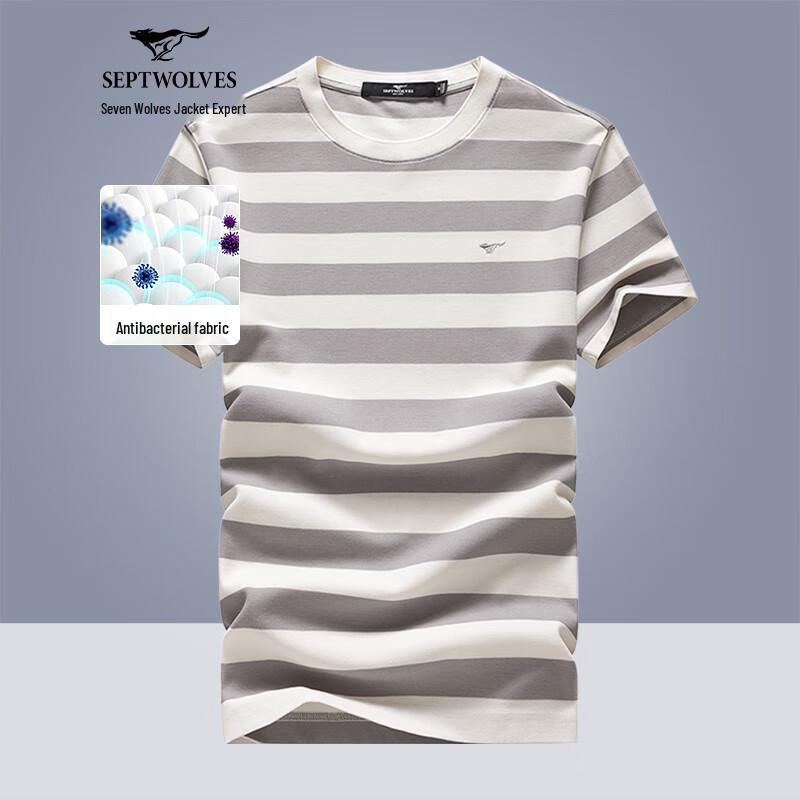 Qipilang Men's Summer Striped Round Neck 7A Antibacterial Short-Sleeve T-Shirt