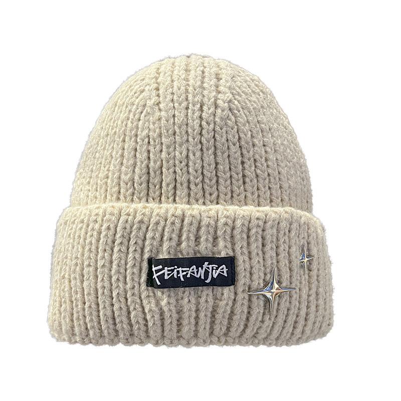 Letter knitted hat women's autumn and winter versatile big head circumference warm ear protection wool hat showing face small hat thickened