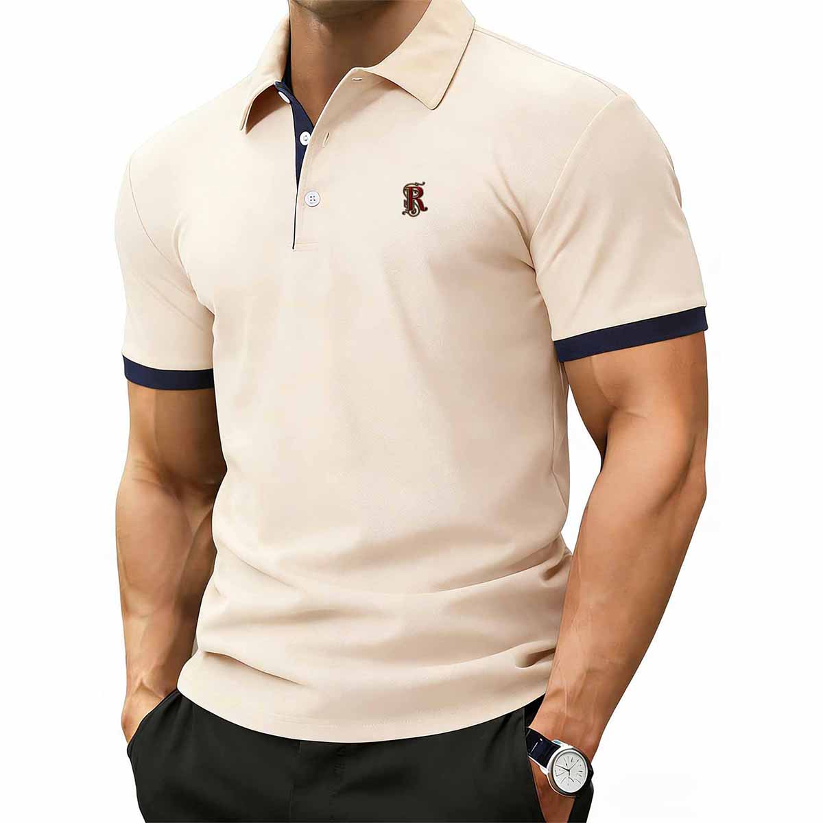 

Мужская футболка-поло с коротким рукавом Business Casual с контрастной отделкой Классический крой для офиса и повседневной носки L бежевый