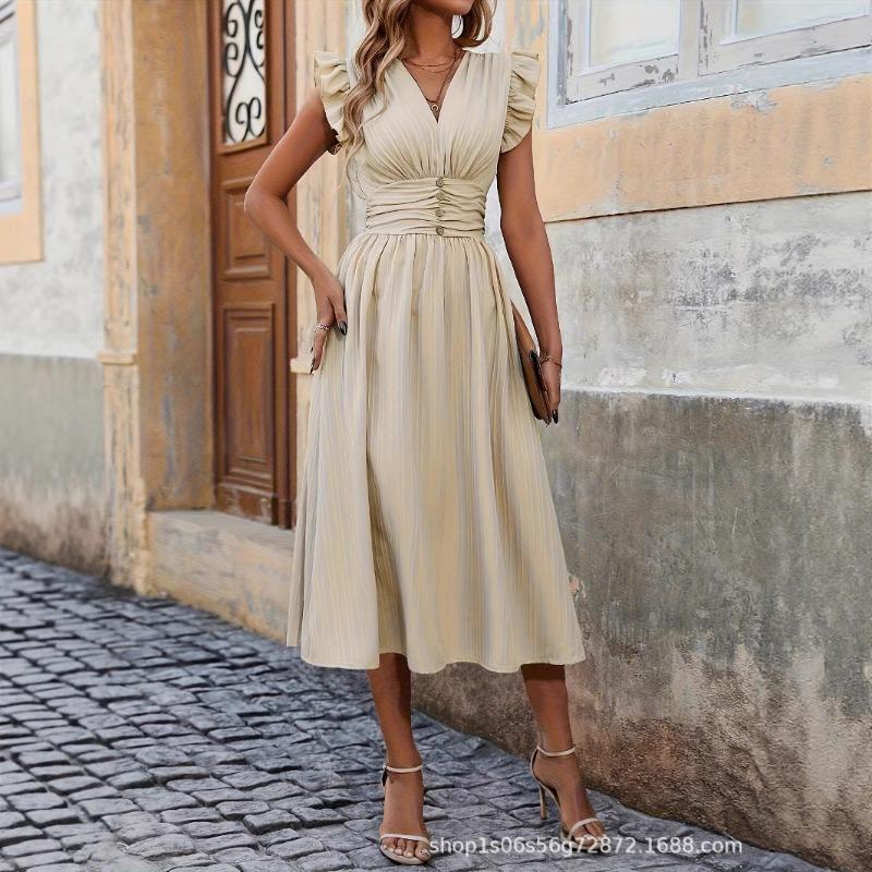Elegant Ruffled Sleeve Waist Cinched A-line Dress Solid Color Summer Sleeveless Party Dress Fashion Summer Sweet Solid Color Casual Sweet Clothing