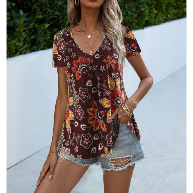 2023 Móda Léto Dámská Halenka Krátký rukáv Halenka s výstřihem do V Květinový potisk Košile Volné Neformální topy Elegantní Dámské Oblečení 25042