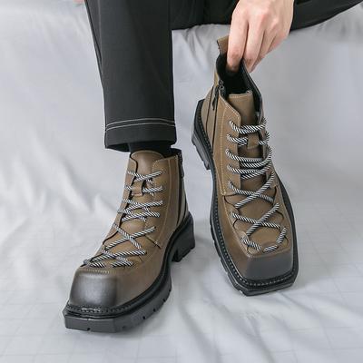 Fashion Autumn New Men Comfortable Lace Up Side Zipper High Top Leather Shoes Fashion Brand Round Toe Thick Soled Non Slip Outdoor Boots