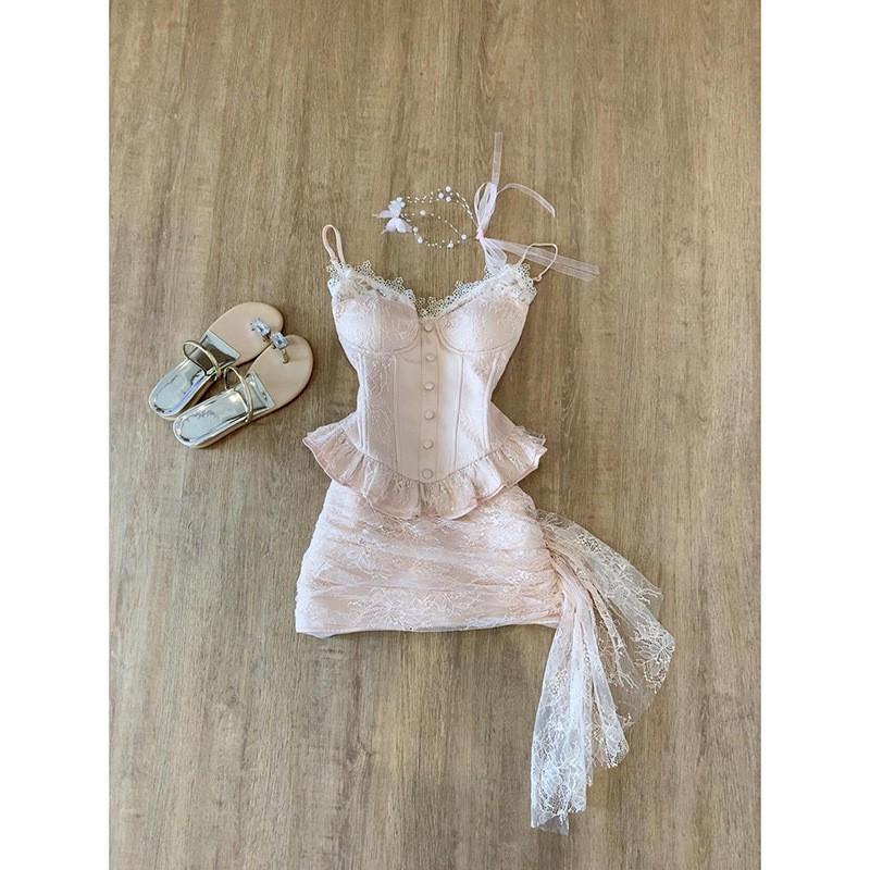 Womens 2-Piece Set Sleeveless Lace Trim Corset Top Slim Mini Skirt Outfit