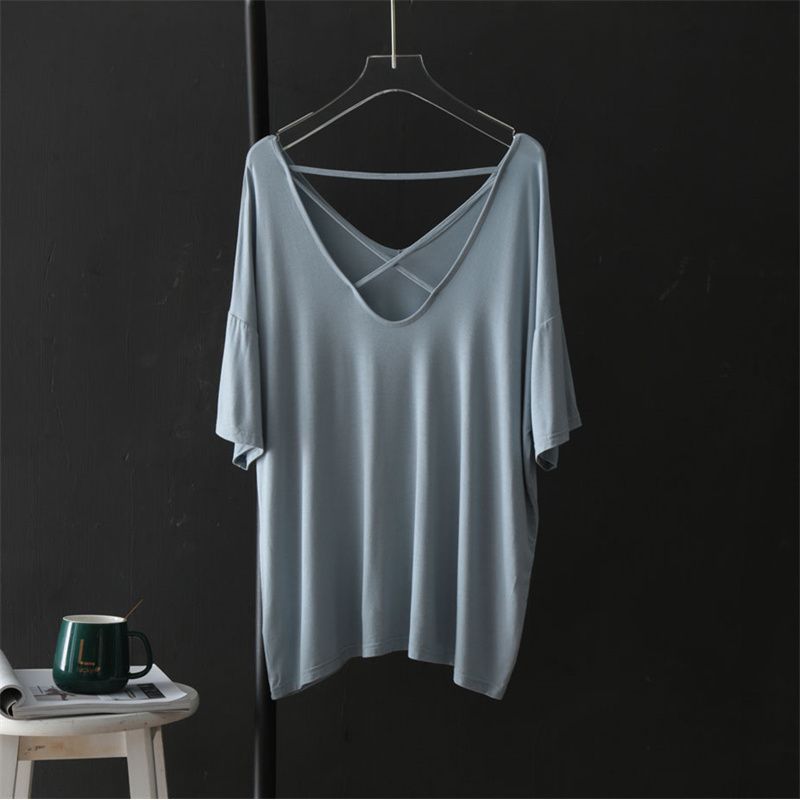 Short Sleeved T-shirt Women's Summer Thin Loose Casual Base Shirt V-neck Backless Irregular Top