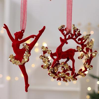 Wine Red Christmas Tree Pendant Glitter Bow Gold Sequin Snowflake Elk Hanging Ornaments Ice Bar Flocking Xmas Tree Pendant