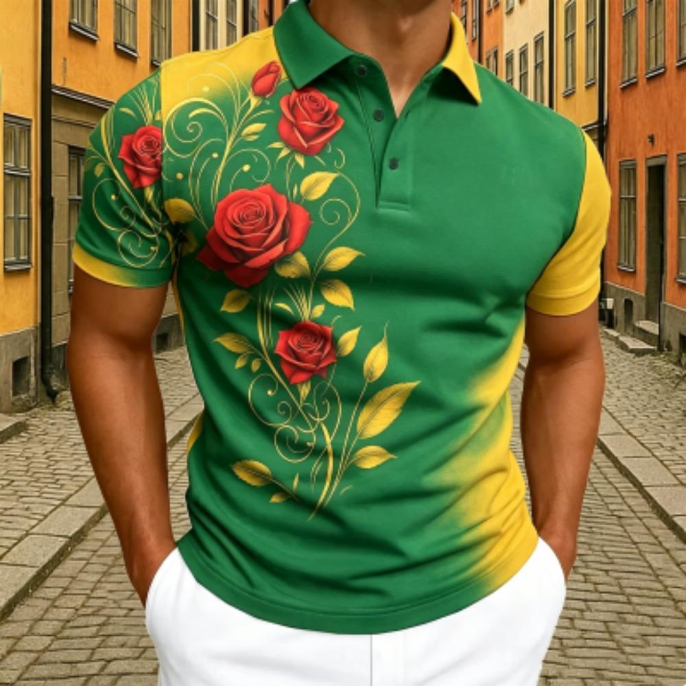 Elegant Rose Floral Print Polo Shirt Men's Outdoor Street Short Sleeve Tees Top Summer Home Casual T-shirt Men's and Women's Polo Shirt