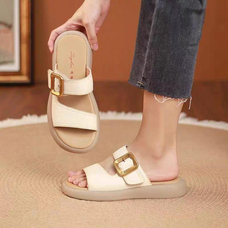 

Leather retro flat sandals women s summer new one-word slippers women s casual maternity shoes 35