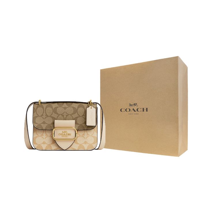 Coach Morgan 18 Gold Logo Classic Monogram Flap Canvas And Leather Square Crossbody Shoulder Bag Small Women bags Beige Brown CL429-IMOT4