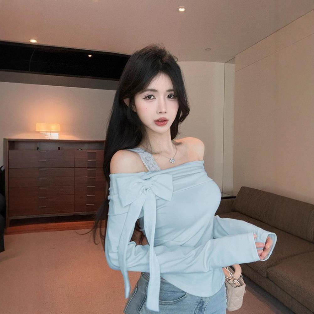 Temperament versatile bow one-word off-shoulder long-sleeved T-shirt slim-fitting and thin lace one-shoulder suspender design top