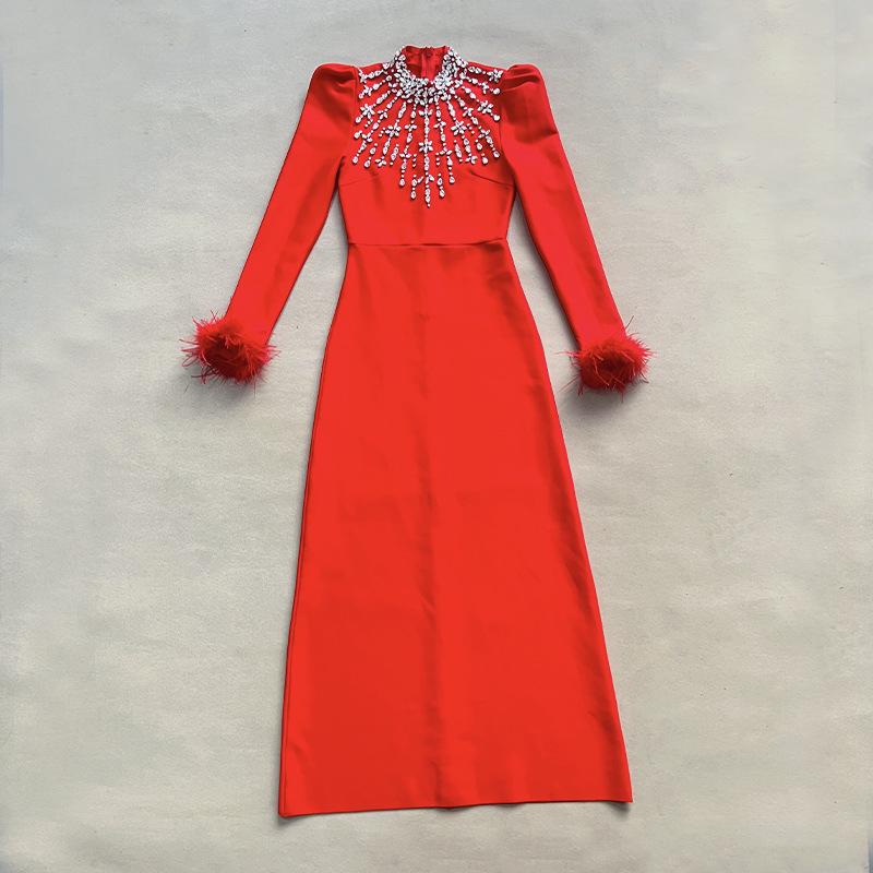 2025 Black High Neck Hot Drill Feather Bodycon Bandage Dress with Long Sleeves.